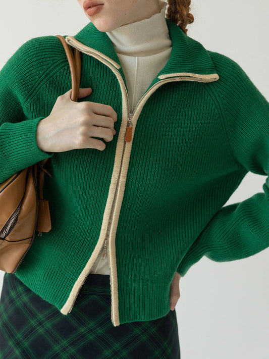 Luxurious Contrast Knitted Cardigan with Two-Way Zipper 
