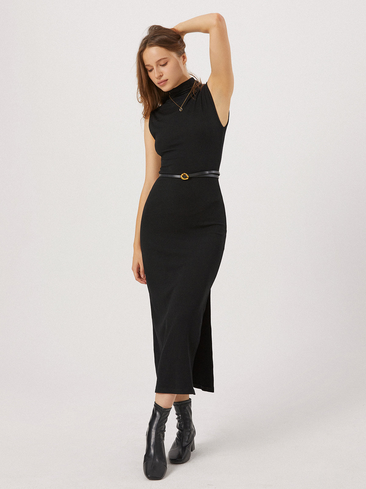 Eleganza maxi jurk met colkraag en beensplit