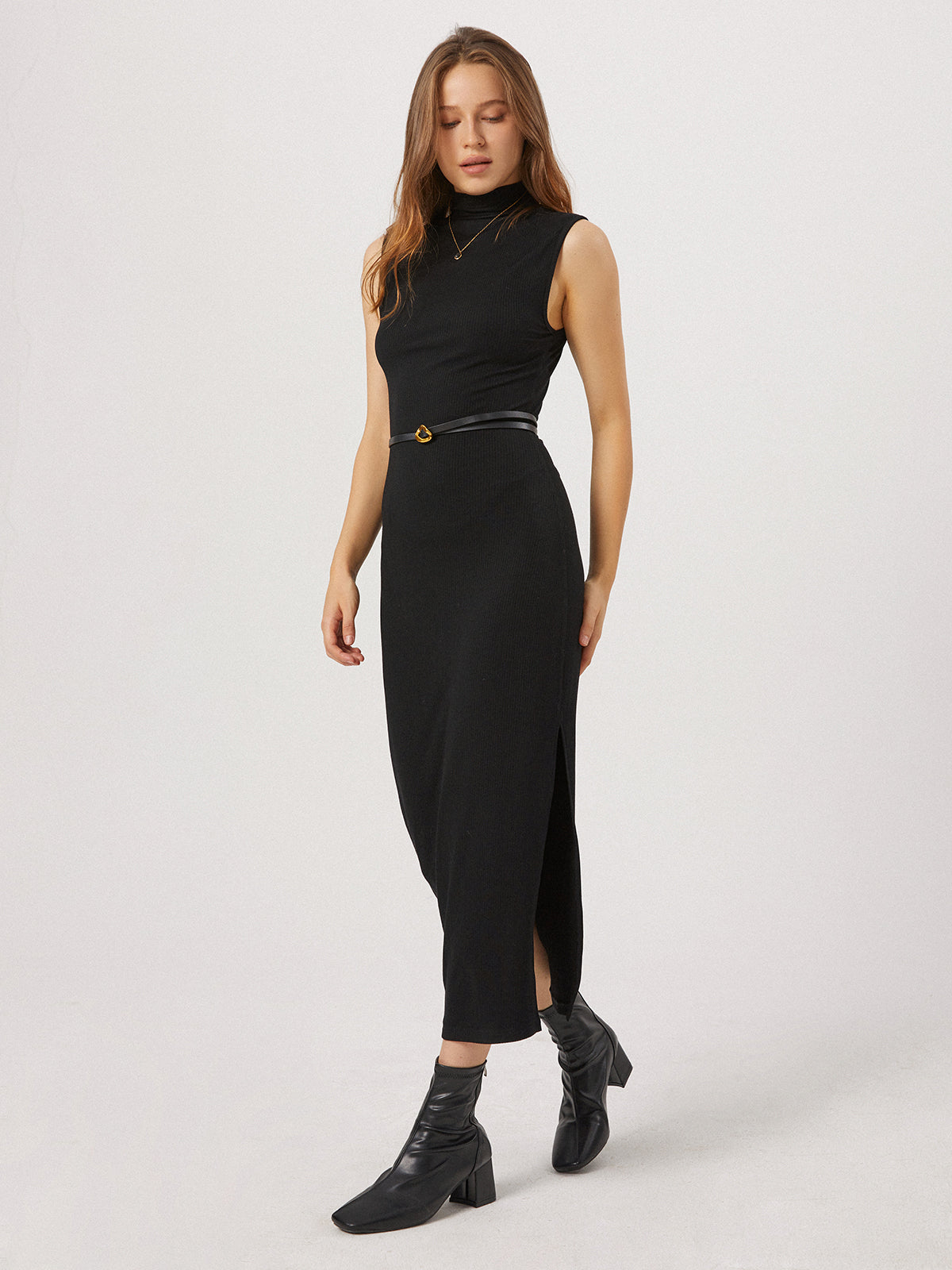 Eleganza maxi jurk met colkraag en beensplit