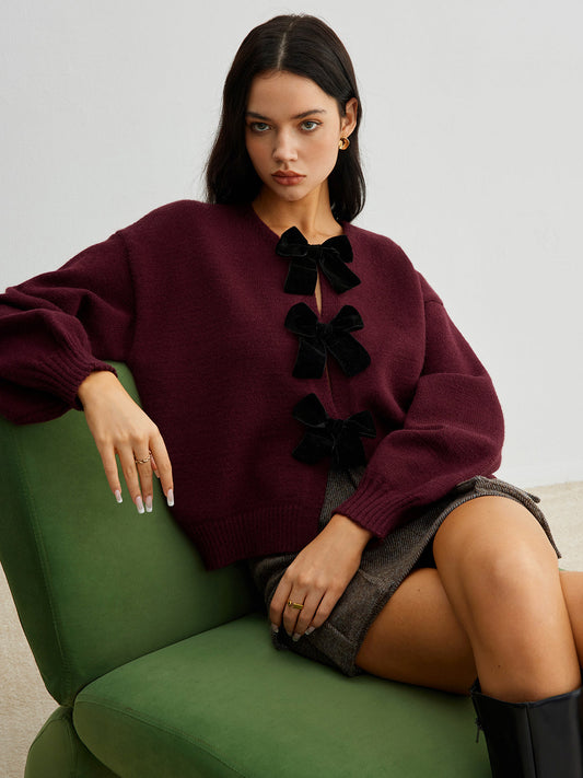 Luxury Charm velvet sweater with bow 